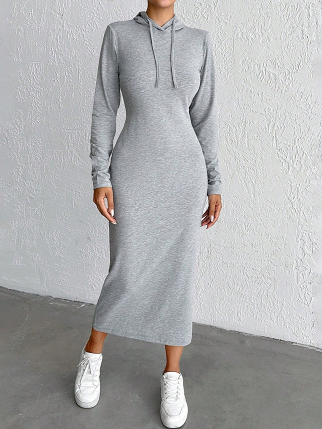 Drawstring Long Sleeve Hooded Midi Dress