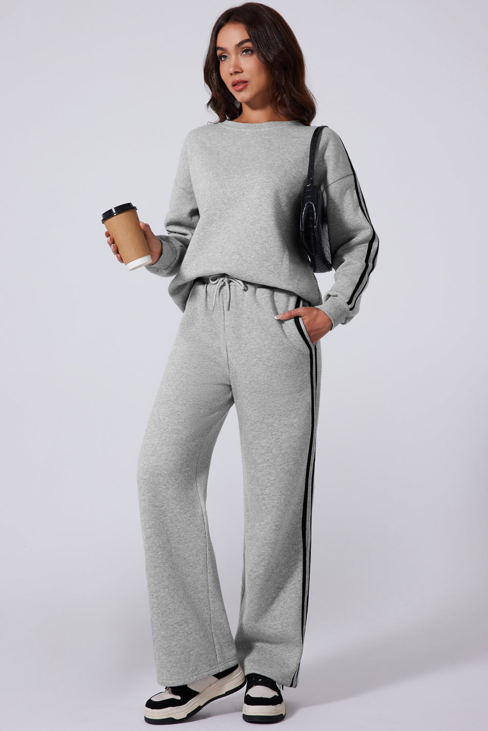 Side Striped Round Neck Top and Pants Active Set