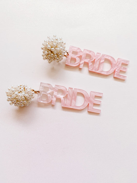 Pearl Pink Pom BRIDE Earrings
