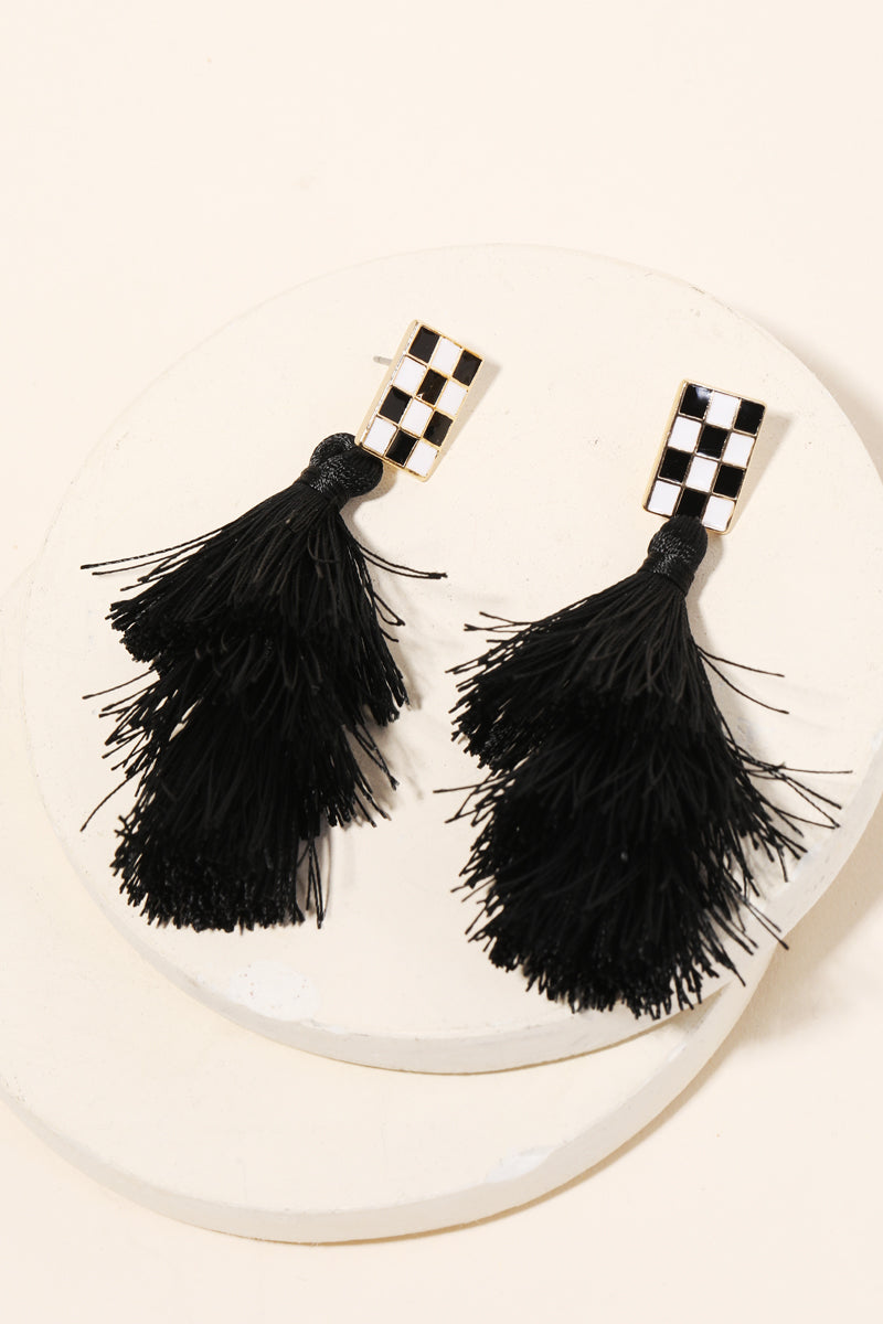 Black Checkered Tassel Earrings